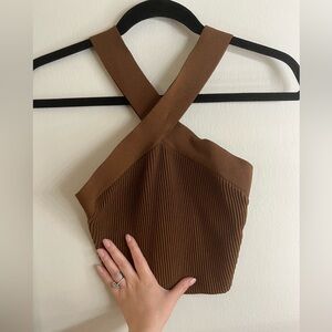 Aritzia Babaton Brown Criss-Cross Crop Top Ribbed